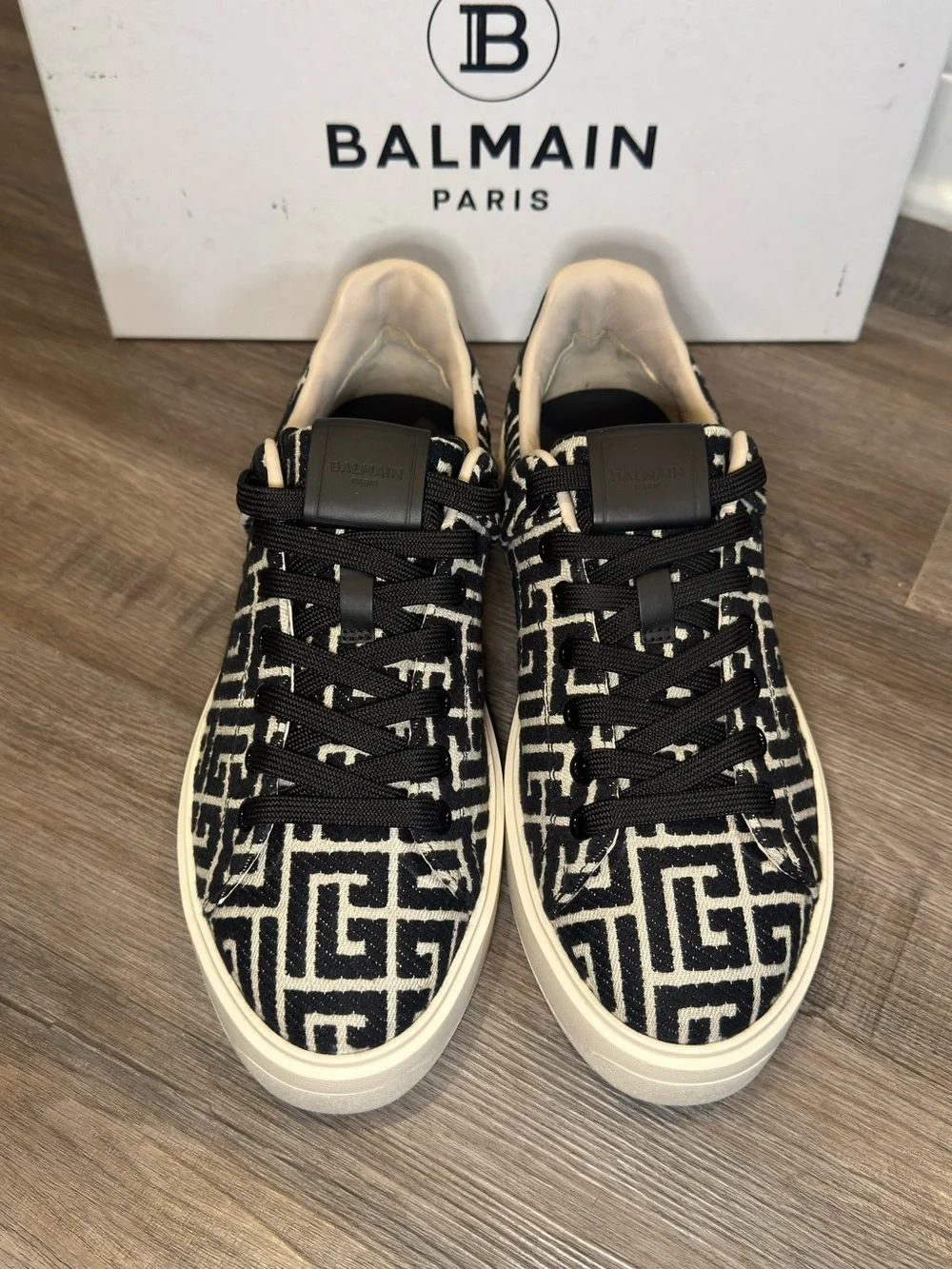 Balmain Monogram B-Court Jacquard Logo Black White Sneakers